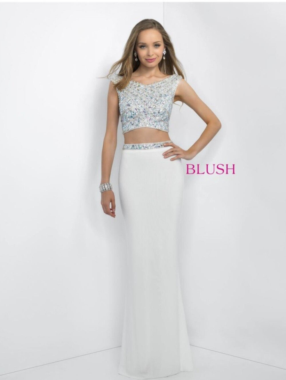 White Crystal Embellished 2- PIECE Crop Dress